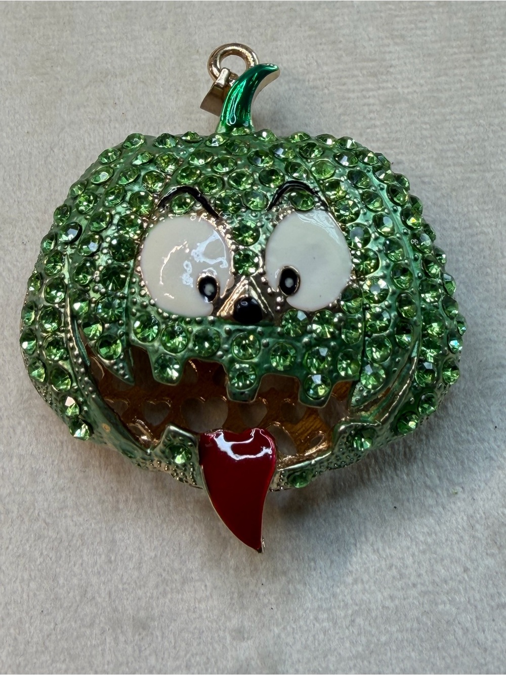 Green Jeweled Pumpkin pendant with Red Tongue